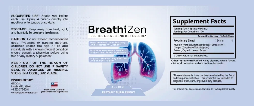 BreathiZen Supplement Facts panel — Mullein, Ginger and Organic Lemon, 154 mg proprietary blend